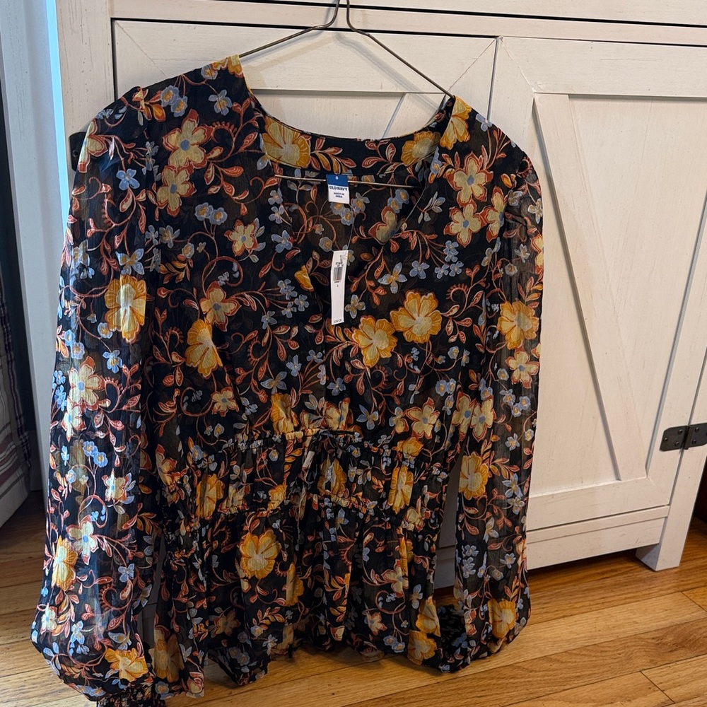 Old Navy Black Floral Blouse with Yellow and Orange Accents